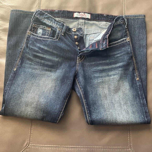 NWOT 1921 Western Glove Works 32/34 Relaxed Distressed Button Fly Jeans Blue - Picture 3 of 10